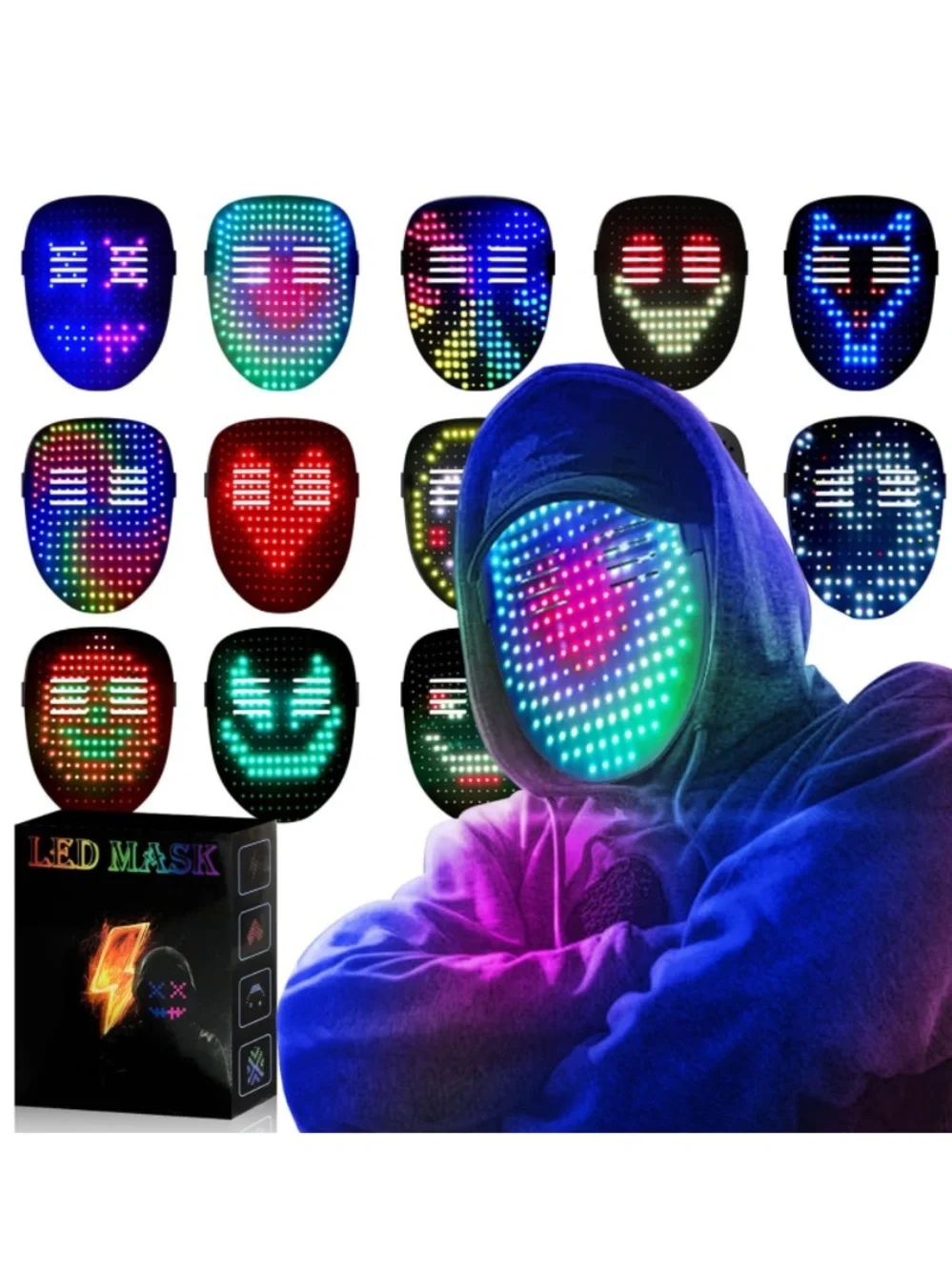 LED Light Up Face Mask with Gesture Sensing Halloween Party Rechargeable NEW